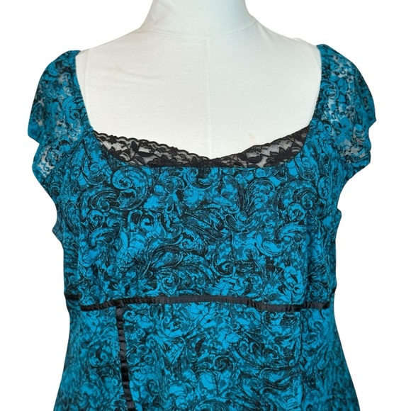 Lane Bryant Y2K Black Teal Lace Cap Sleeve Blouse 22/24 Whimsigoth Fairy Goth - Picture 2 of 10
